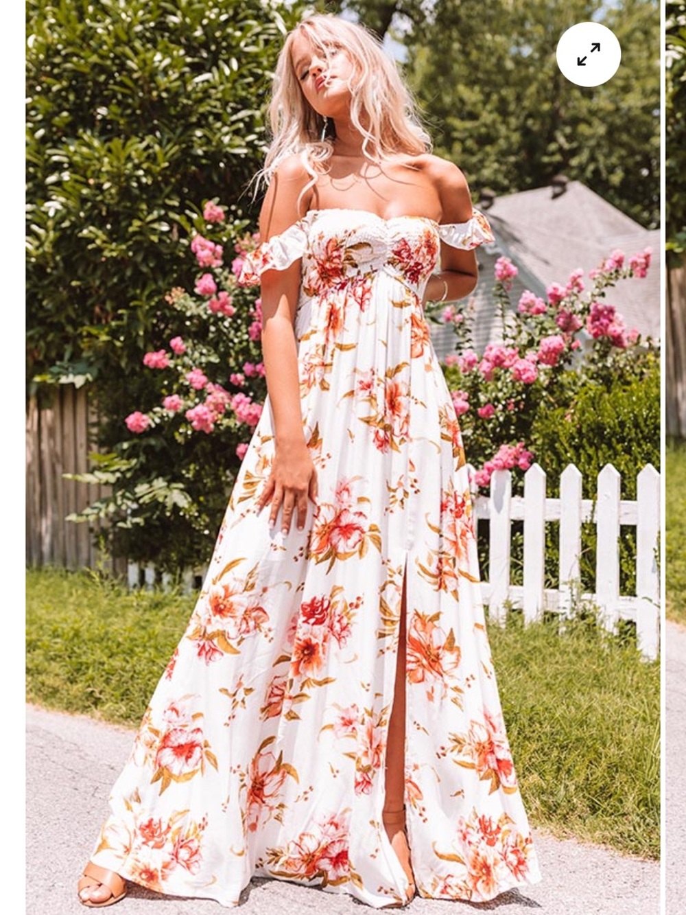 Grand stage - -Shoulder White Floral Maxi Dress with Pink & Orange Blooms
